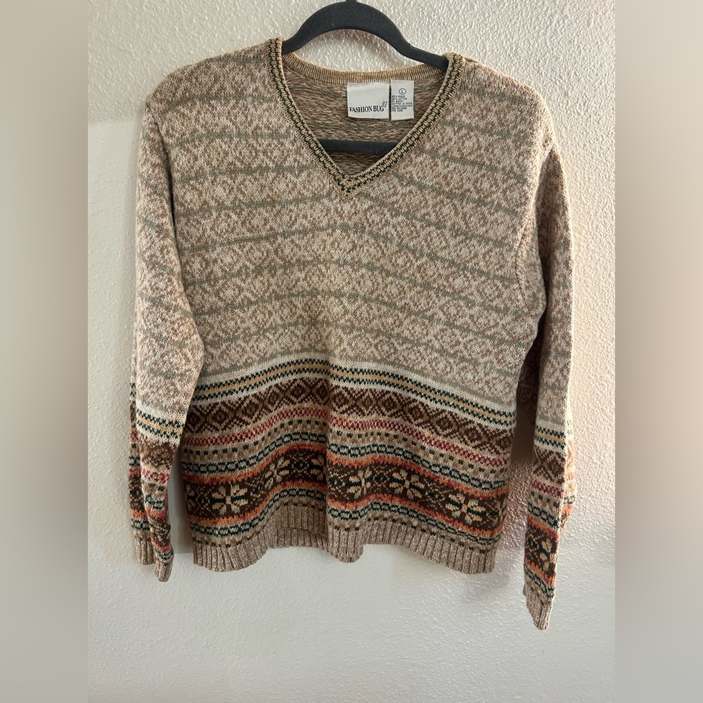Vintage Fashion Bug Fair Isle Cotton Blend V Neck Sweater Womens Size L